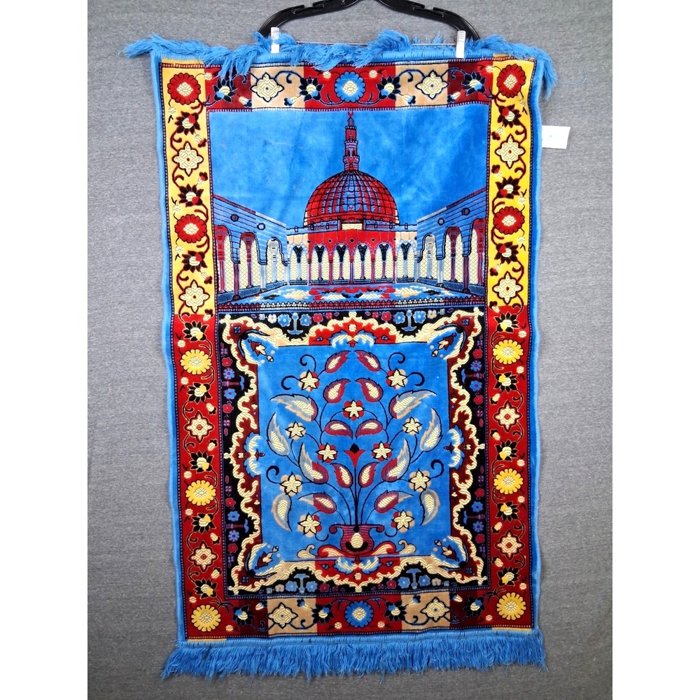 Aydin Turkish Prayer Rug Blue Red‎ Gold Temple Floral Fringe 30x47